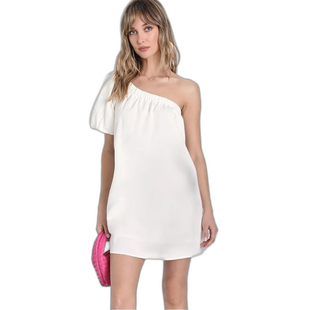 NEW Lulu’s Cutest Energy White Linen Lined One-Shoulder Mini Dress with Pockets